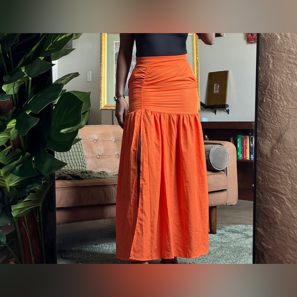 Orange Ruched Maxi Skirt Front Slit Pockets Tiered Hem Lightweight